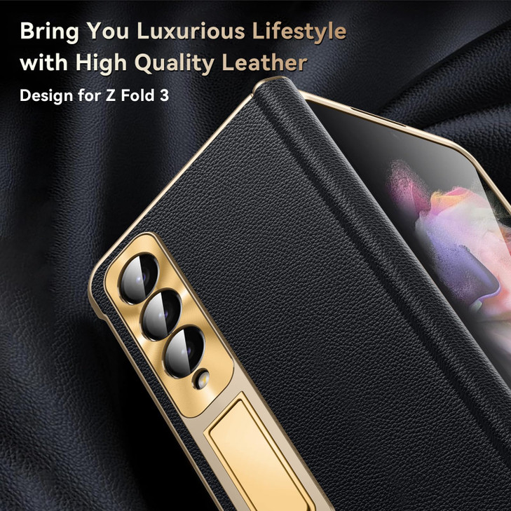 Libeagle for Samsung Galaxy Z Fold 3 Case, Electroplated Frame, Luxury Leather Back, Full Magnetic Hinge Protective, Screen Protector, Metal Stand, T