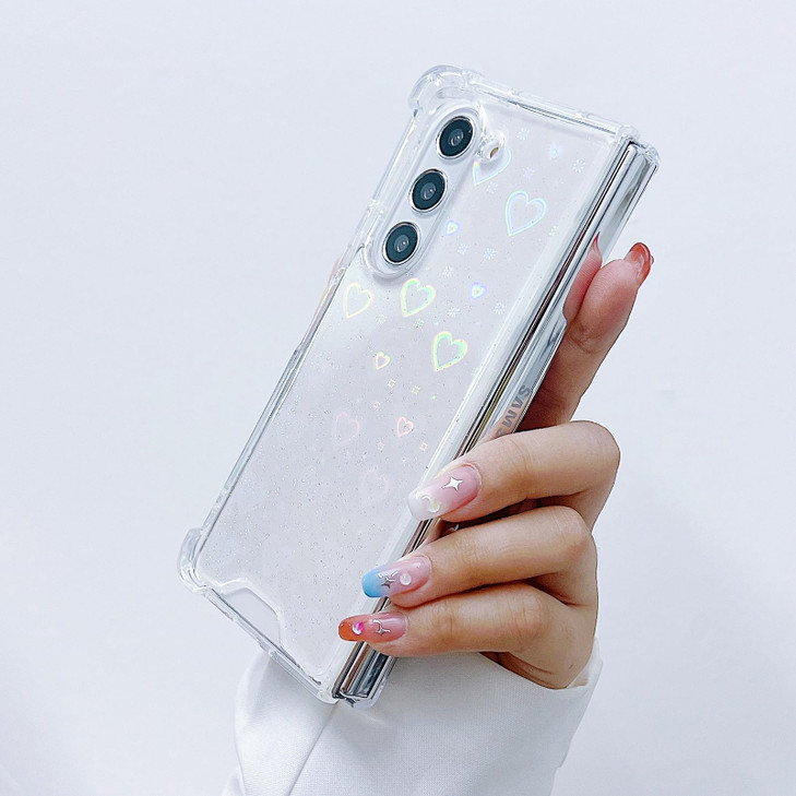 MUNDULEA Compatible with Samsung Galaxy Fold 6 Case Clear Heart Women Girls Soft TPU Sparkle Glitter Shockproof Protective Phone Cover for Galaxy Z F