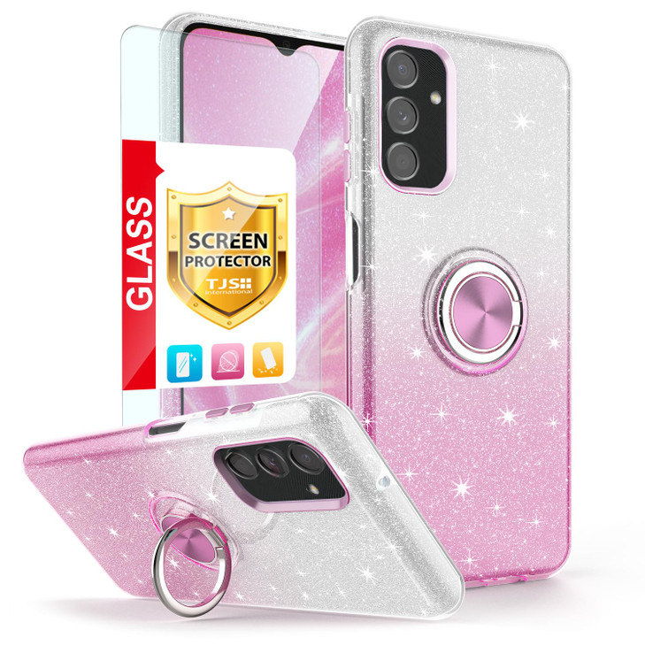 TJS Compatible with Samsung Galaxy A16 5G Case, with Tempered Glass Screen Protector, Metal Ring Magnetic Support Kickstand Tone Shinny Glitter Phone