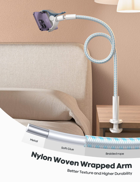 Lamicall Gooseneck Phone Holder Bed - [Nylon Braided] Flexible Arm, Overall Length 38inch, 360 Adjustable Clamp Clip, Overhead Cell Phone Mount Stand