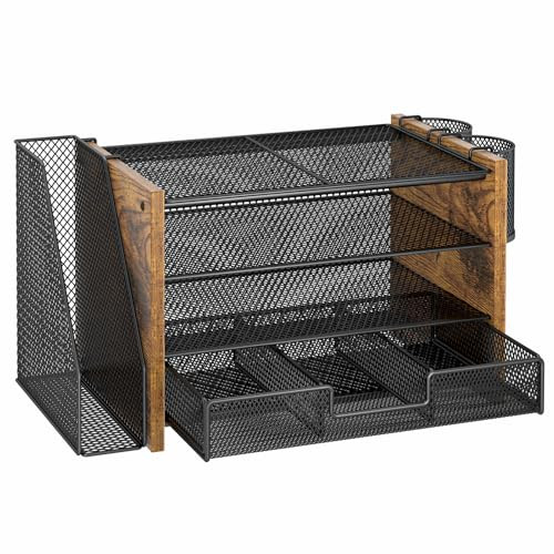 3IngSeagulls Wooden Desk Organizers and Accessories with File Holder, 4-Tier Paper File Organizer with Drawer & 2 Pen Holders, Office Desk Accessorie