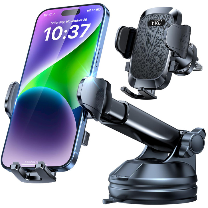 YRU True Upgrade for Safety Car Phone Holder Mount Patent & Military-Grade Dashboard Cell Phone Holder for Car Vent Windshield Phone Stand for iPhone