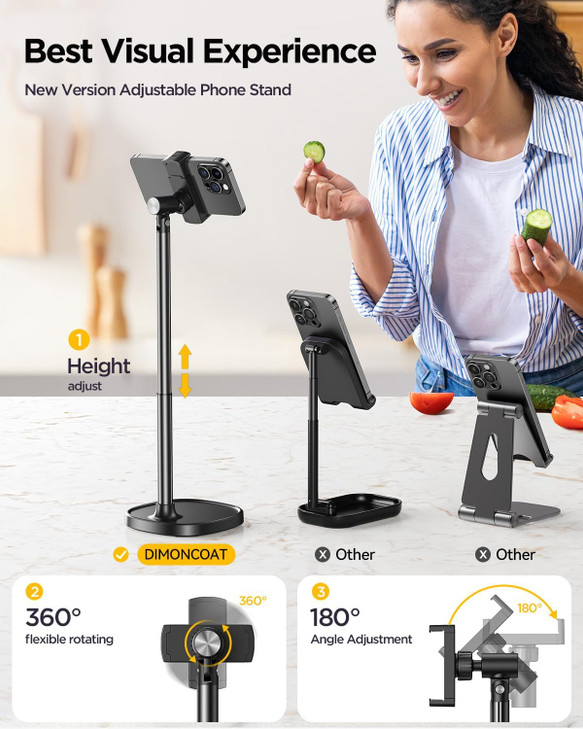 DIMONCOAT Phone Stand for Desk, Angle Height Adjustable Phone Holder for Desk, Aluminum Alloy Universal iPhone Holder, Retractable Cell Phone Stand R