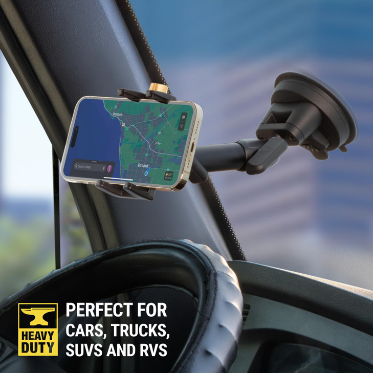 Scosche BMG1WD2HD HDGrip XL Heavy Duty, Extra-Strong Suction Cup Cell Phone Mount, Long Arm Windshield/Dashboard Phone Holder with Anti-Shake Stabil