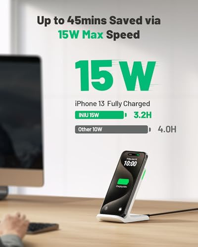 INIU Wireless Charger Station, 15W Fast Wireless Charging Stand for Official and Home Compatible with iPhone 17 16 15 14 13 12 Pro XS Samsung Galaxy