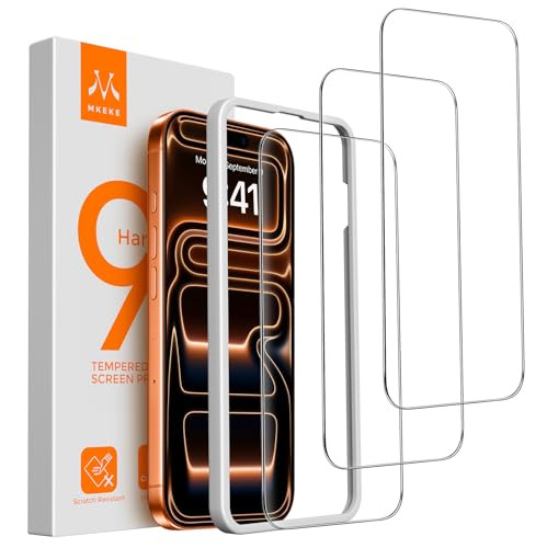Mkeke Screen Protector Compatible with iPhone 17 Pro, 3 Pack Tempered Glass [9H+ Hardness] [Military-Grade Drop Protection] [Sensitive Touch] [Easy I