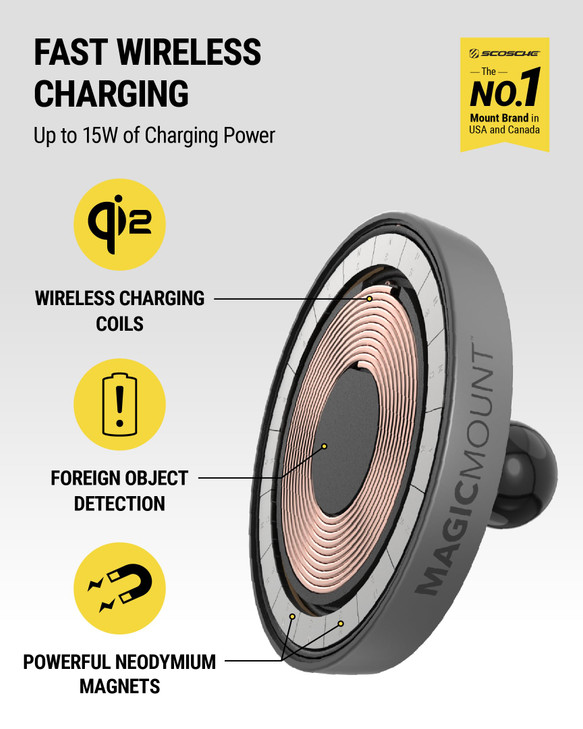 Scosche MPQMRDV MagicMount Charge Pro Qi2 MagSafe Car Mount Charger, 15W Fast Magnetic Wireless Charging Phone Holder for Dashboard/Vent Compatible w