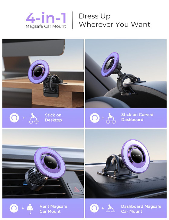 LISEN Fits MagSafe Car Mount Car Phone Holder,Strong Magnetic Phone Holder for Car Magsafe, Dashboard Vent iPhone 16 Car Mount Holder Car Accessories