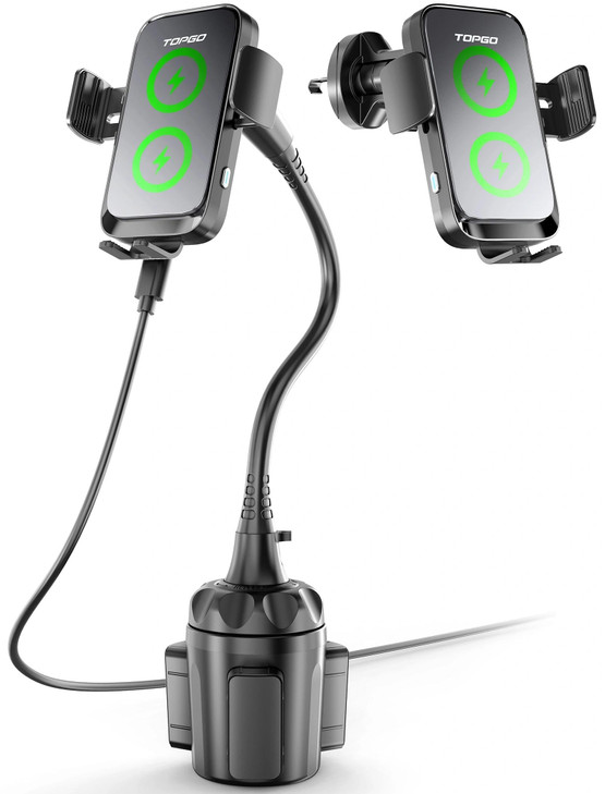 TOPGO Dual Coil Cup Phone Mount Wireless Charger, Universal Cell Phone Holder, Cup Holder 15W Fast Charging for iPhone 17 16 Pro Max, Samsung Galaxy
