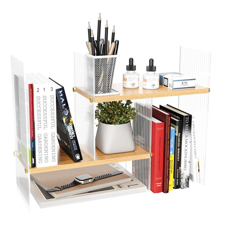BYCY Double H Display Bookshelf Desktop Organizer Office Storage Rack Expandable Wood Display Shelf with Acrylic Side Board Free Style Display Storag