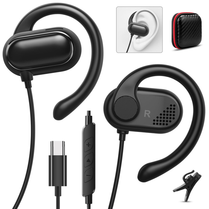 USB C Headphones Over-Ear Buds Hooks Microphone for Sport Running &Volume Control, Fit Small Ears Type C Wired Earbuds for iPad/iPhone 17 16e 16 15 f