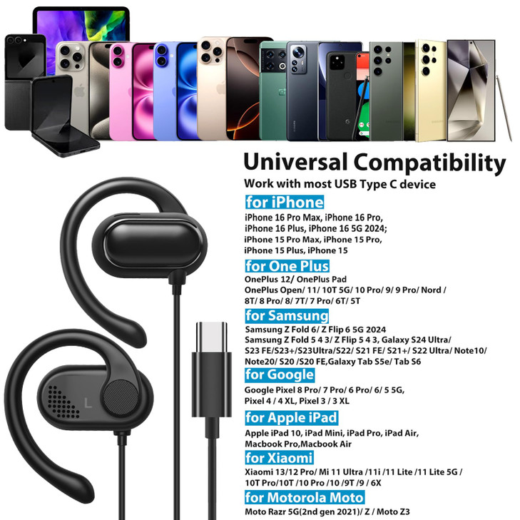 USB C Headphones Over-Ear Buds Hooks Microphone for Sport Running &Volume Control, Fit Small Ears Type C Wired Earbuds for iPad/iPhone 17 16e 16 15 f