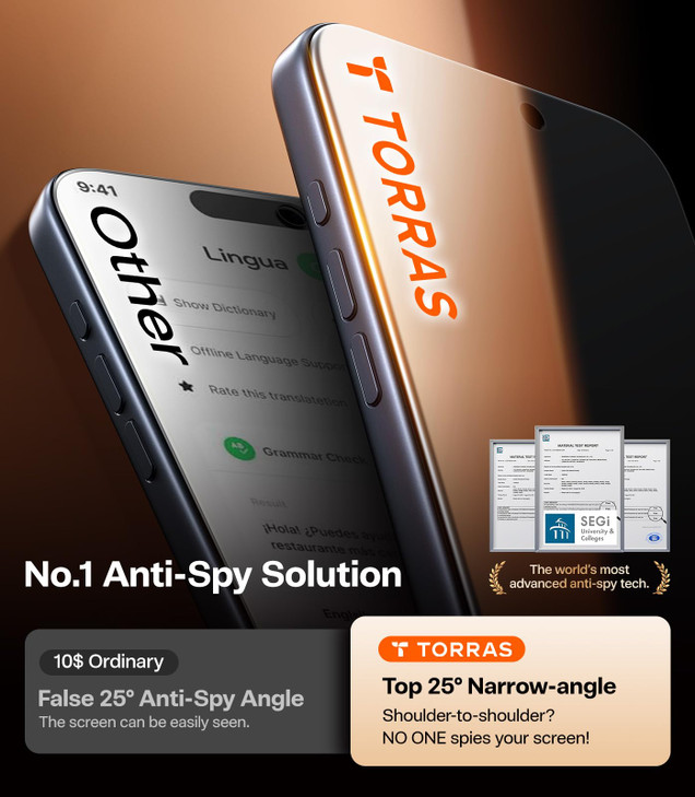 TORRAS for iPhone 17 Pro Privacy Screen Protector [25° Anti Spy] [Military-Grade 9H+ Aerospace Tempered Glass] Anti-Scratch Full Coverage Fit Privacy