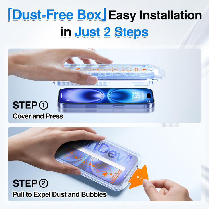 SMARTDEVIL 2 Pack for iPhone 16/ iPhone 15 Screen Protector, 9H Hardness Military Grade Shatterproof, HD Clear Tempered Glass with Auto Dust-Eliminat