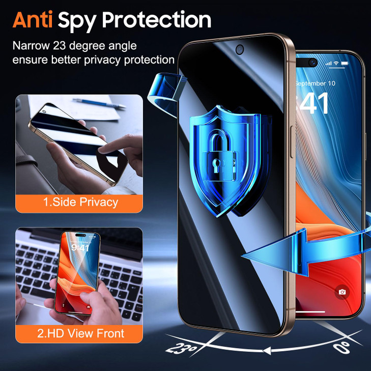 UniqueMe for iPhone 16 Pro Max Privacy Screen Protector, [Military Grade Shatterproof & 9H+ Hardness] Privacy Screen 16 Pro Max Tempered Glass Full C
