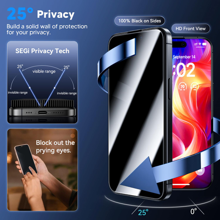 WSKEN for iPhone 16 Pro Max Privacy Screen Protector - [25° Anti-Spy] [Top 9H+ Tempered Glass] [Auto-Dust Removal] HD Full Coverage Military Grade 10
