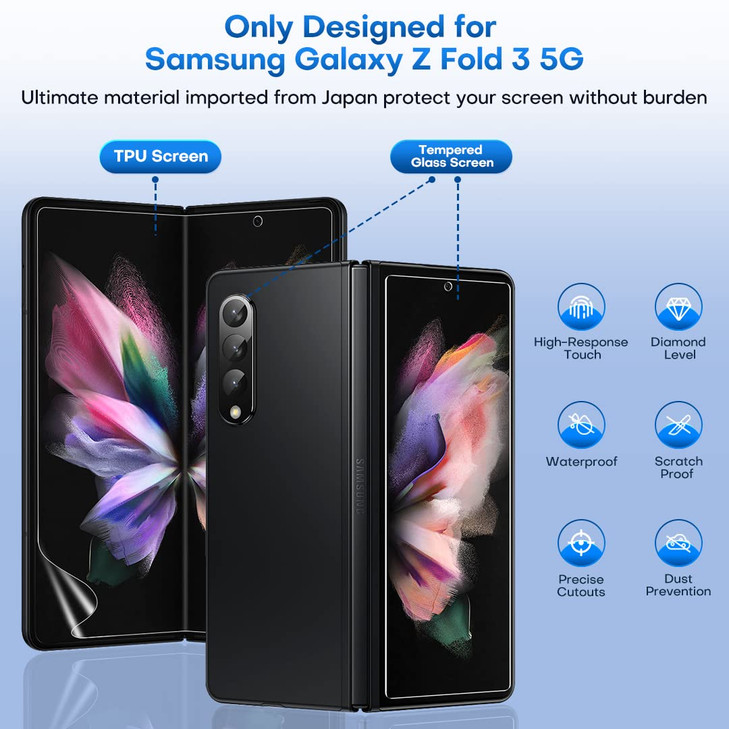 TOCOL Screen Protector Set [6 Pieces] for Galaxy Z Fold 3 5G - Front Tempered Glass + Inside TPU + Camera Lens Protector