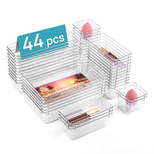 Vtopmart 44 PCS Clear Plastic Drawer Organizers Set, 4-Size Versatile Bathroom and Vanity Organizer Trays, Non-Slip Storage Containers for Makeup, Je