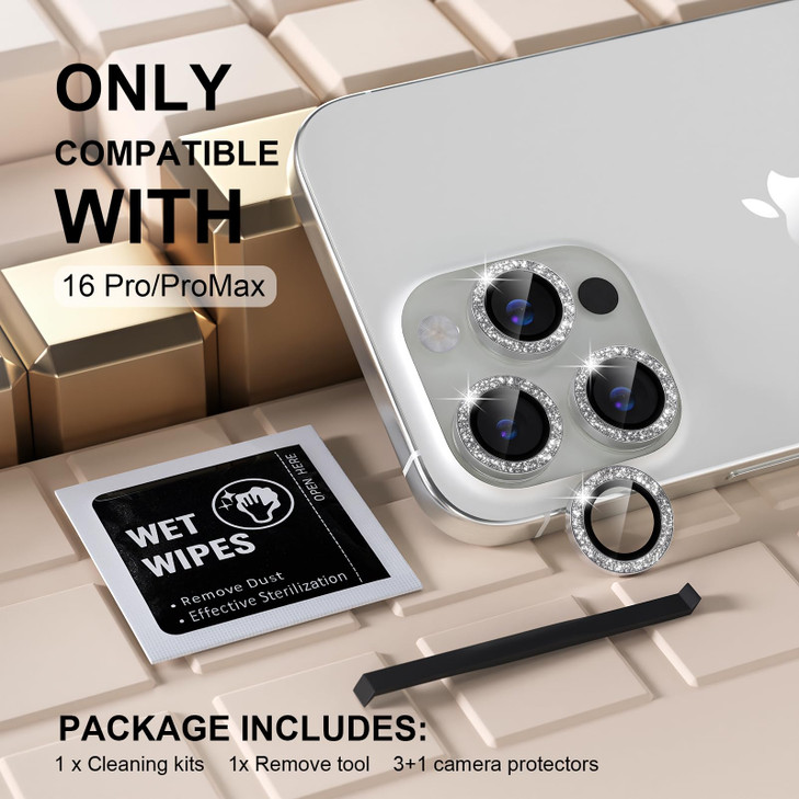 Misea Compatible for iPhone 16 Pro/iPhone 16 Pro Max Camera Lens Protector Bling, 9H Tempered Glass Camera Cover Screen Protector Metal Individual Ri