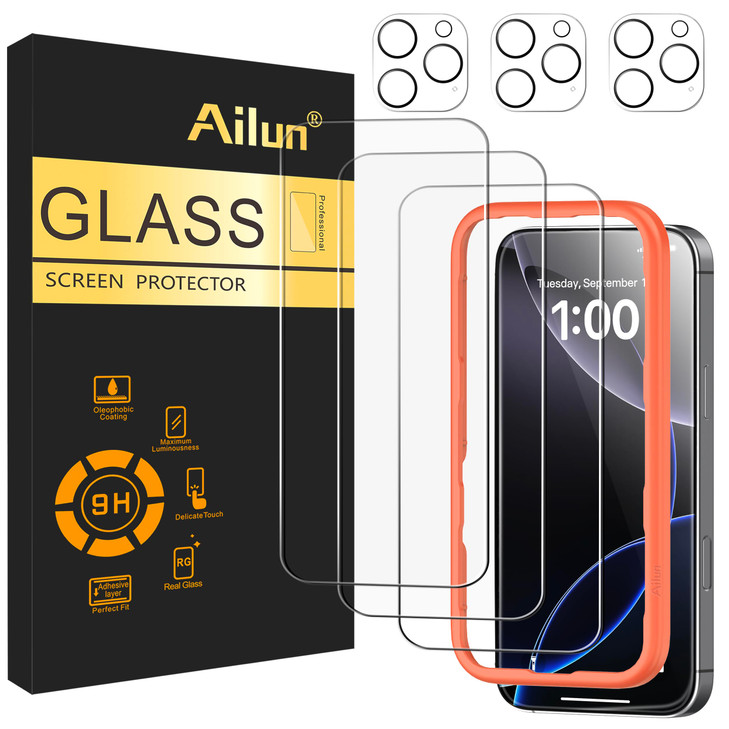 Ailun 3 Pack Screen Protector for iPhone 16 Pro Max [6.9 inch] + 3 Pack Camera Lens Protector with Installation Frame,Case Friendly Tempered Glass Fi
