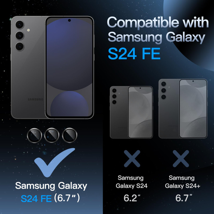 JETech Camera Lens Protector for Samsung Galaxy S24 FE, 9H Tempered Glass Metal Individual Ring Cover, HD Clear, 1 Set (Black)