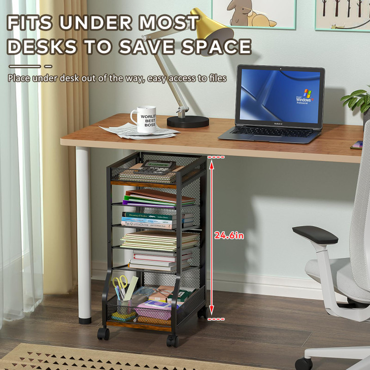 keomaisyto 6-Tier Standing File Organizer for Office Organization, Under Desk File Holder with Sliding Mesh Paper Letter Trays, Slim Rolling File Car