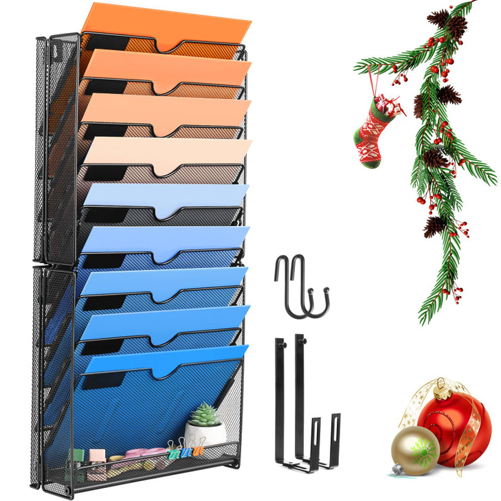 lemonsea Wall File Organizer, 10 Pockets Mesh Hanging File Organizer, Wall Mount File Paper Folder Holder With Hooks, Wall Organizer Magazine Documen
