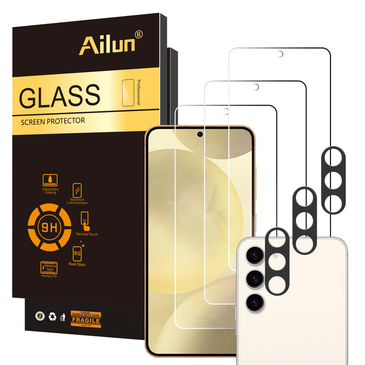 Ailun Screen Protector for Galaxy S24 3 Pack + 3 Pack Camera Lens Tempered Glass Fingerprint Unlock Compatible 0.25mm Anti-Scratch Case Friendly Clea
