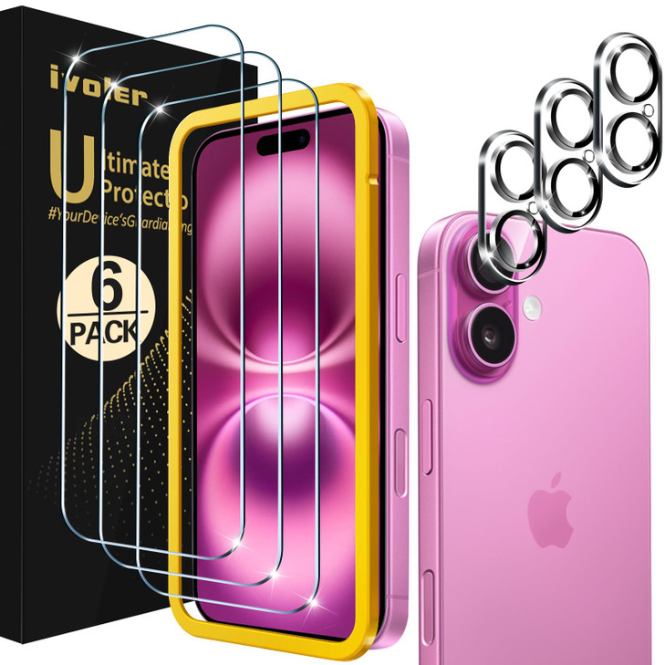 ivoler 3+3 Pack Tempered Glass for iPhone 16 Plus 6.7" Screen Protector with Camera Lens Protector with [Alignment Frame], Anti-Scratch Case Friendly