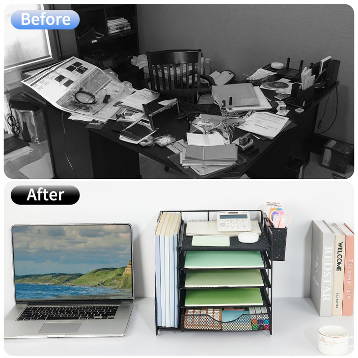 OUTIOE Desk Organizer with Drawer and Pen Holder, 5-Tier Paper Letter Tray Organizer with File Holder, Suitable for Workspace Organizer Office Suppli