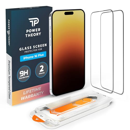 Power Theory compatible with iPhone 16 Plus Screen Protector Shatterproof Tempered Glass, 2 Pack, Easy installation, 99.99% HD Clear, Bubble Free, Ca