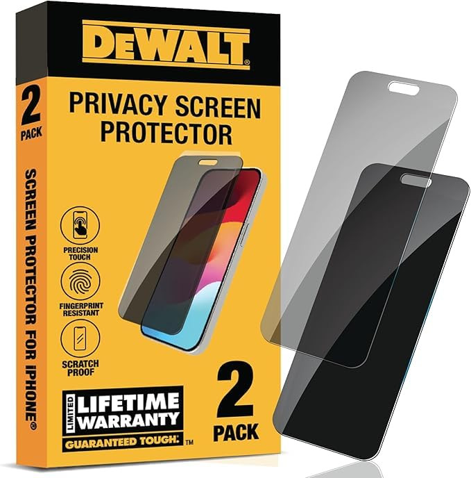 DEWALT Heavy Duty 2Pack Privacy Screen Protector for iPhone 16 Pro, Sensor Protection, Dynamic Island Compatible, AntiSpy Tempered Glass [9H Hardness