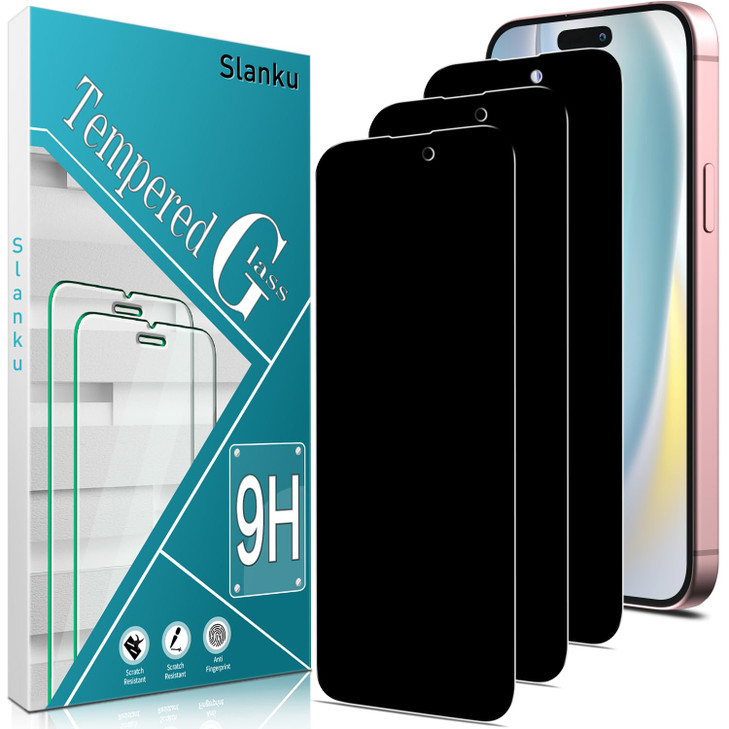 Slanku [3 Pack Privacy Screen Protector for iPhone 16 Plus Tempered Glass Film, Anti-Spy, Full Coverage, Case Friendly, NO Bubbles, Black
