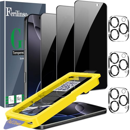 Ferilinso [Auto Dust Install] 3 Pack Privacy Screen Protector for iPhone 16 Pro with 9H+ Private Accessories-Camera Lens Protector, Tempered Glass Co