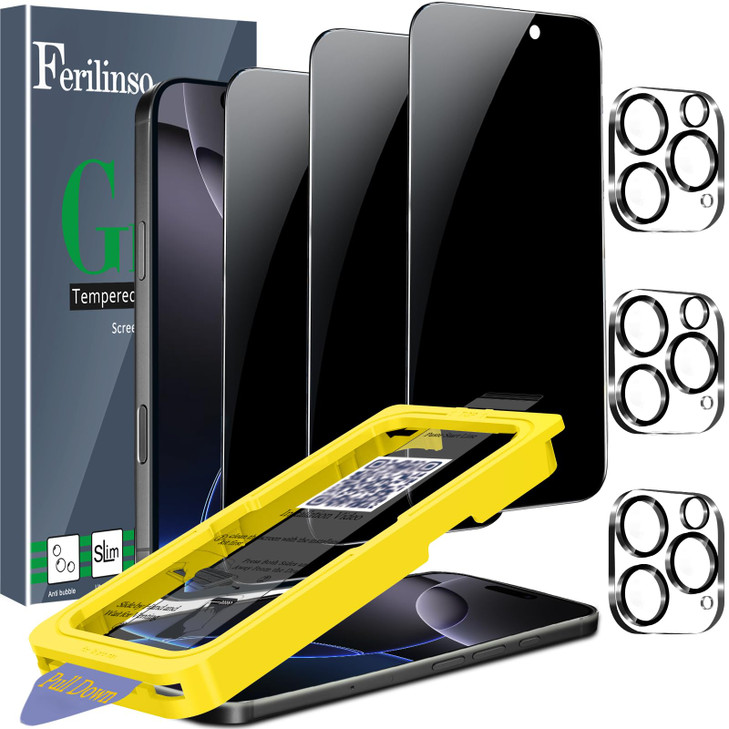 Ferilinso [Auto Dust Install] 3 Pack Privacy Screen Protector for iPhone 16 Pro Max with 9H+ Private Accessories-Camera Lens Protector, Tempered Glas