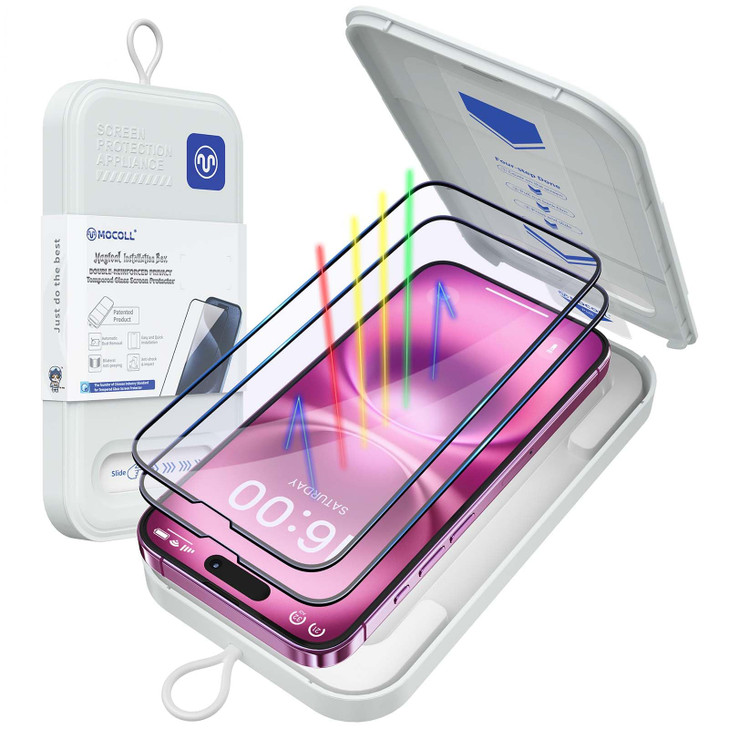 MOCOLL for iPhone 16 Screen Protector, Anti-Blue Light Ultra-Clear Tempered Glass 9H hardnes, Magic Box Installation, Eye Protection Anti Glare, Case
