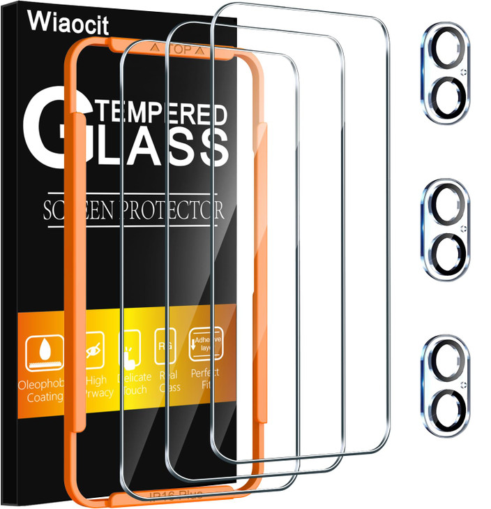Wiaocit 3 Pack Tempered Glass Screen Protector for iPhone 16 Plus with 3 Pack Camera Lens Protector, 9H Hardness, Bubble Free, Case Friendly