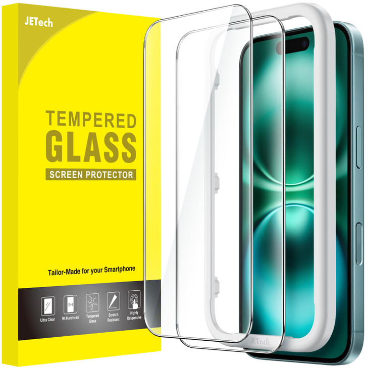 JETech Screen Protector for iPhone 16 Plus 6.7-Inch, Tempered Glass Film with Easy Installation Tool, Case-Friendly, HD Clear, 2-Pack