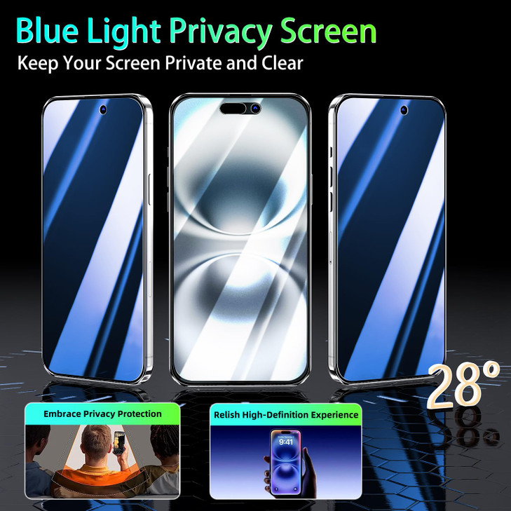 KAREEN 2 Pack for iPhone 16 Pro Privacy Screen Protector, 9H Tempered Glass, Gradient Anti Spy Anti Blue Light, Full Coverage, 6.3 Inch Blue