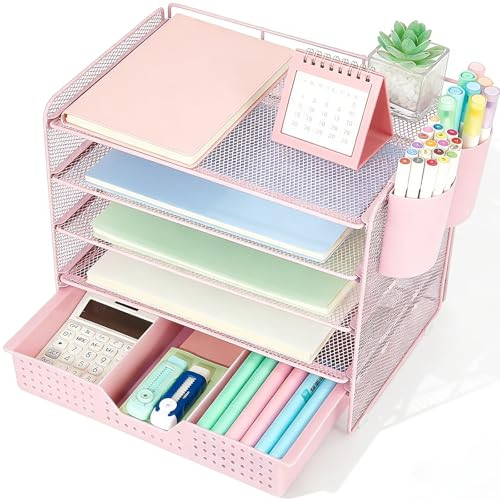 LEKETREE Desk Organizers and Accessories, 5-Tier Paper Letter Tray Organizer with Drawer & 2 Pen Holders, Desktop Organizer for Office Supplies (Pink