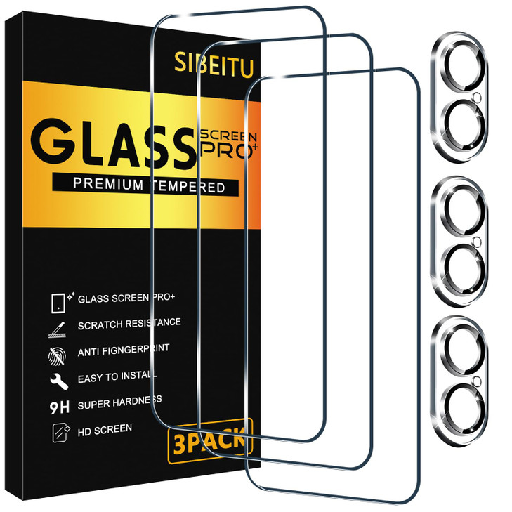 SIBEITU 3 Pack Screen Protector for iPhone 16 Plus with 3 Pack Camera Lens Tempered Glass Protector, 6.7 Inch HD Clear 9H Hardness Full Coverage, Scr