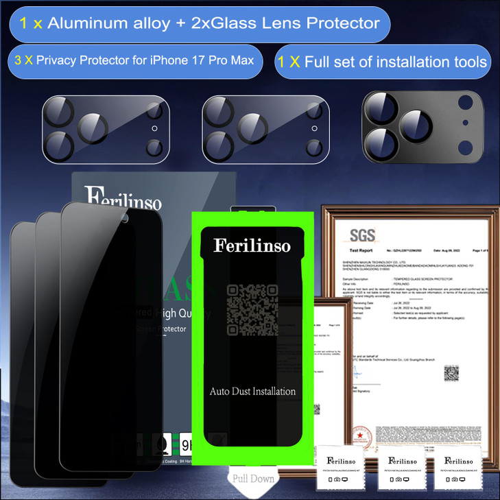 Ferilinso Auto-Dust-Install 3 Pack Privacy Screen Protector for iPhone 17 Pro Max with (Private Accessories)-Metal Aluminum Alloy Camera Lens Protect