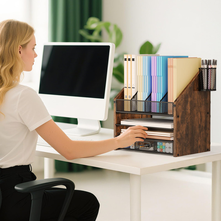 SWTYMIKI Desk Organizer with Drawers - Mesh and Wood Desk File Organizer with Pen Holders, 4-Tier Paper Organizer for Office Organizer and Accessorie