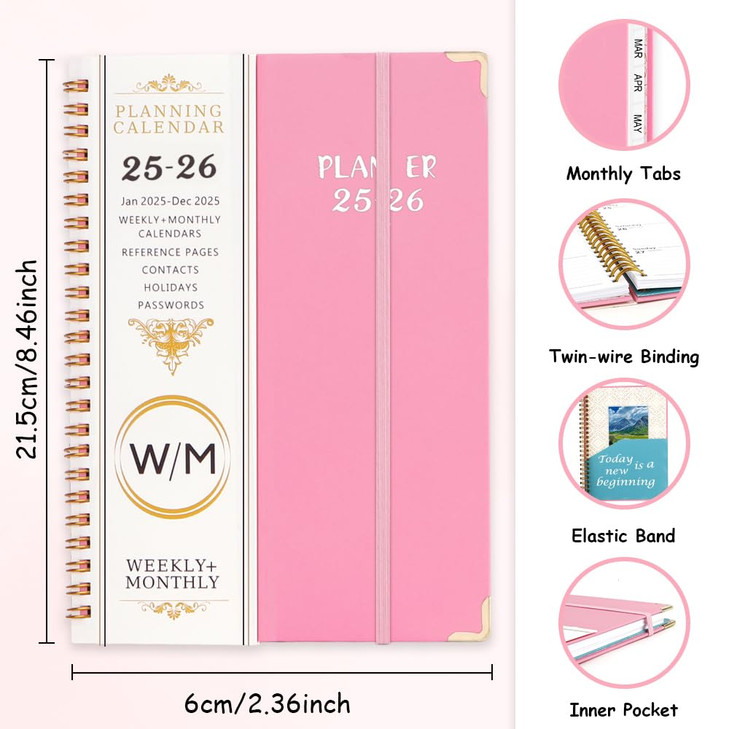 2025 2026 Planner - Weekly and Monthly Planner 2025 -2026 Calendar Monthly Daily Planner Agendas, July 2025 - June 2026, Spiral Bound, Office Home Sc