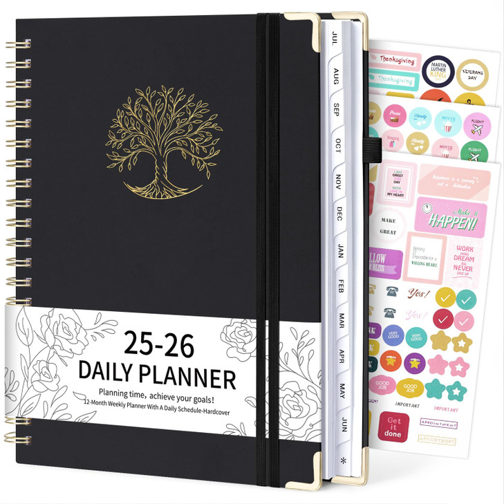 EYROZILL Planner 2025-2026, Daily Planners, Hardcover Planner with Monthly Tabs, Notes Pages, Spiral Bound, Inner Pocket, A4 (8.5" x 11") - Black