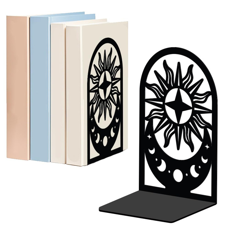 WADORN Moon Sun Metal Bookends for Shelves Decorative 1 Pair, Heavy Duty Books End Support Non-Skid Book Holders Black L-Shaped Book Stopper for Home