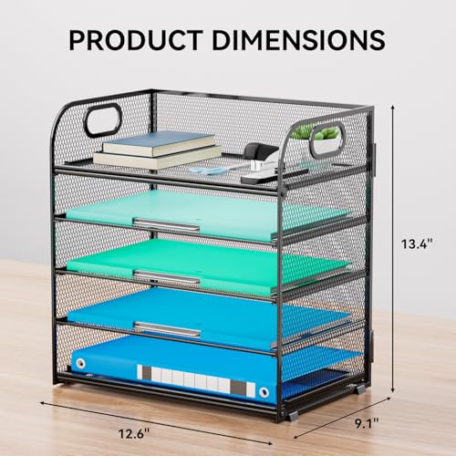 Kinkota Paper Organizer Letter Tray with Handle, 5-Tier Black Stackable Desk Organizer with Metal Mesh, Sturdy Paper Tray for Office Desk, Home & Cla