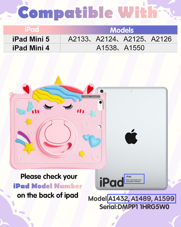 Gurgitat for iPad mini 5th/4th Generation Case - 7.9 Inch Mini 4/5 Gen Case with Pen Holder Cute Cartoon Unicorn Silicone Tablet Cover with Rotating