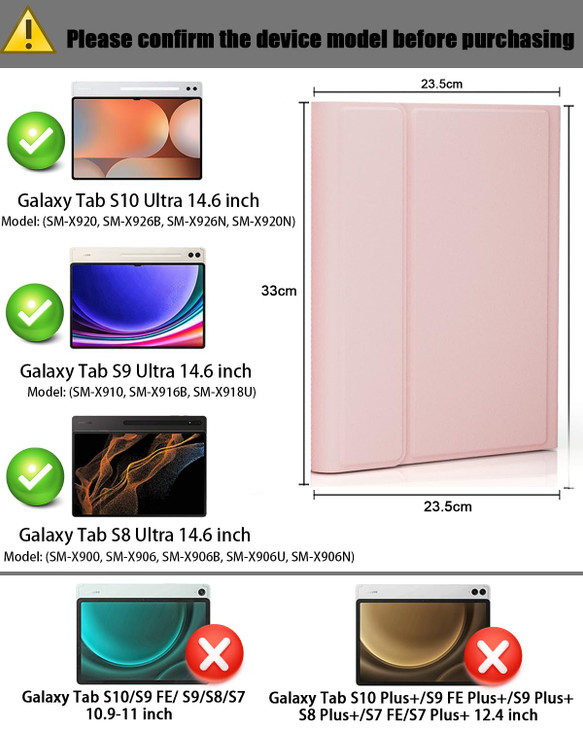 Case Keyboard for Samsung Galaxy Tab S10 Ultra / S9 Ultra 14.6 inch / S8 Ultra 14.6 inch - Mouse and Detachable Keyboard with S Pen Holder - Pink