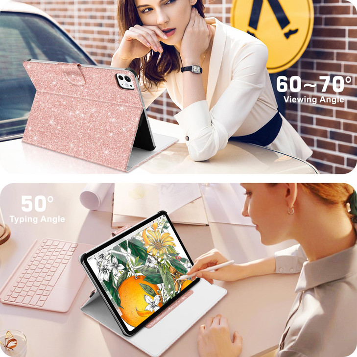 Fingic for iPad Pro 11 inch Case 2025/2024 M5/M4 6th/5th Glitter Sparkly with Pencil Holder Support Pencil Pro and Pencil(USB-CPU Leather Folio Smart